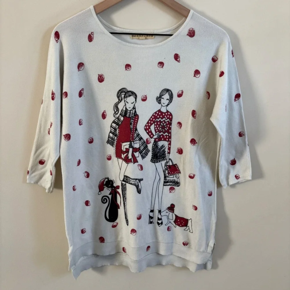 Mesh+Lace Holiday Graphic Sweater Ivory Red Rhinestone Fashion Women Cat Dog M